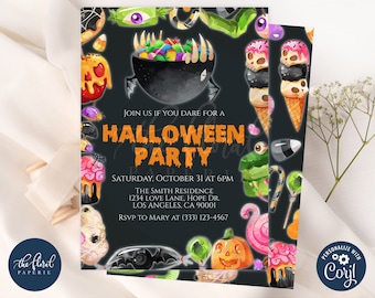 Editable Halloween Party Invitation Template, Trick or Treat Invites, Digital or Printed
