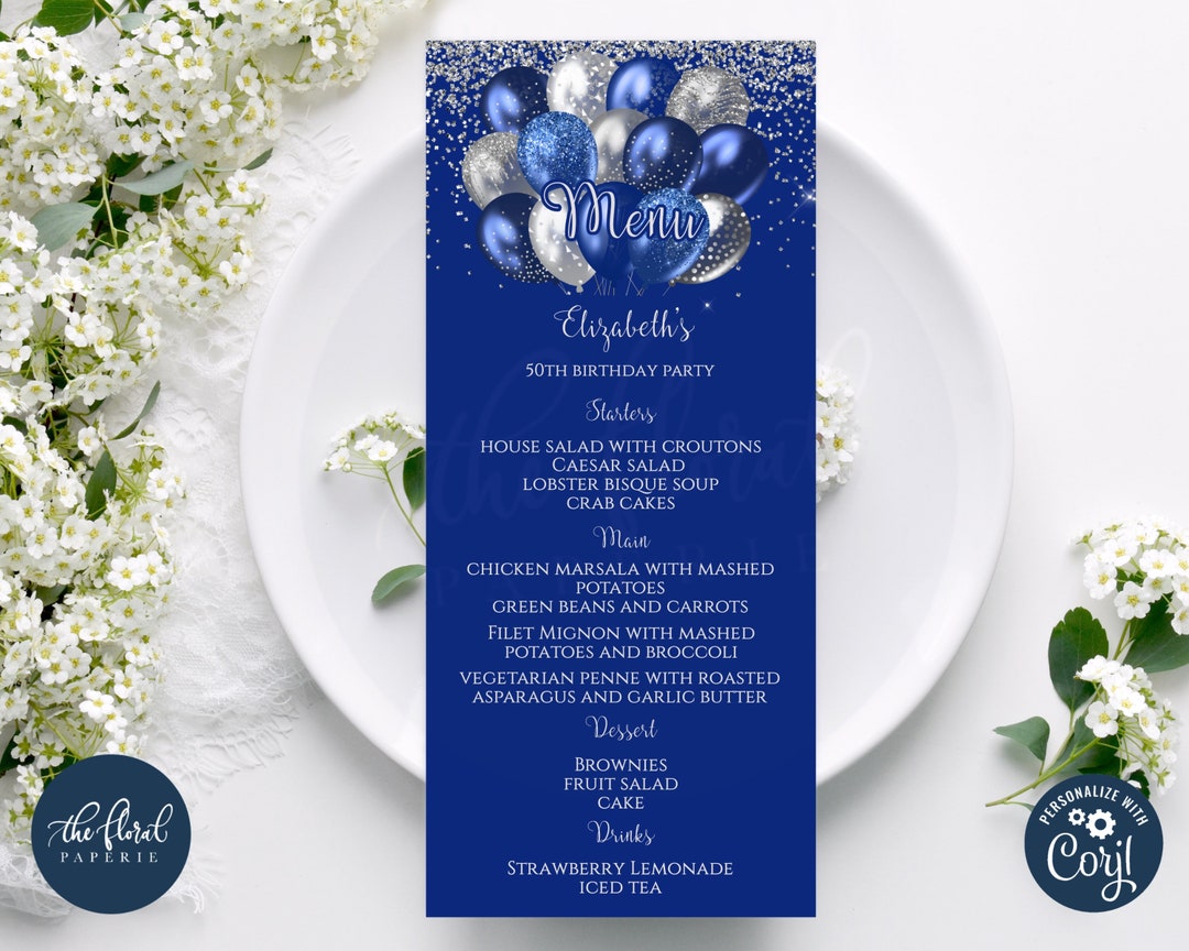 Blue and Silver Menu Card Template, Editable Event Menu Card, Printable ...