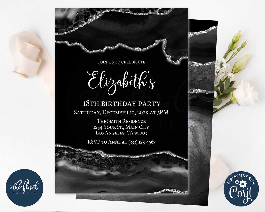 Black and Silver Birthday Invitation Template, Editable Any Age Black and Silver Birthday Invitation Template, Editable Any Age