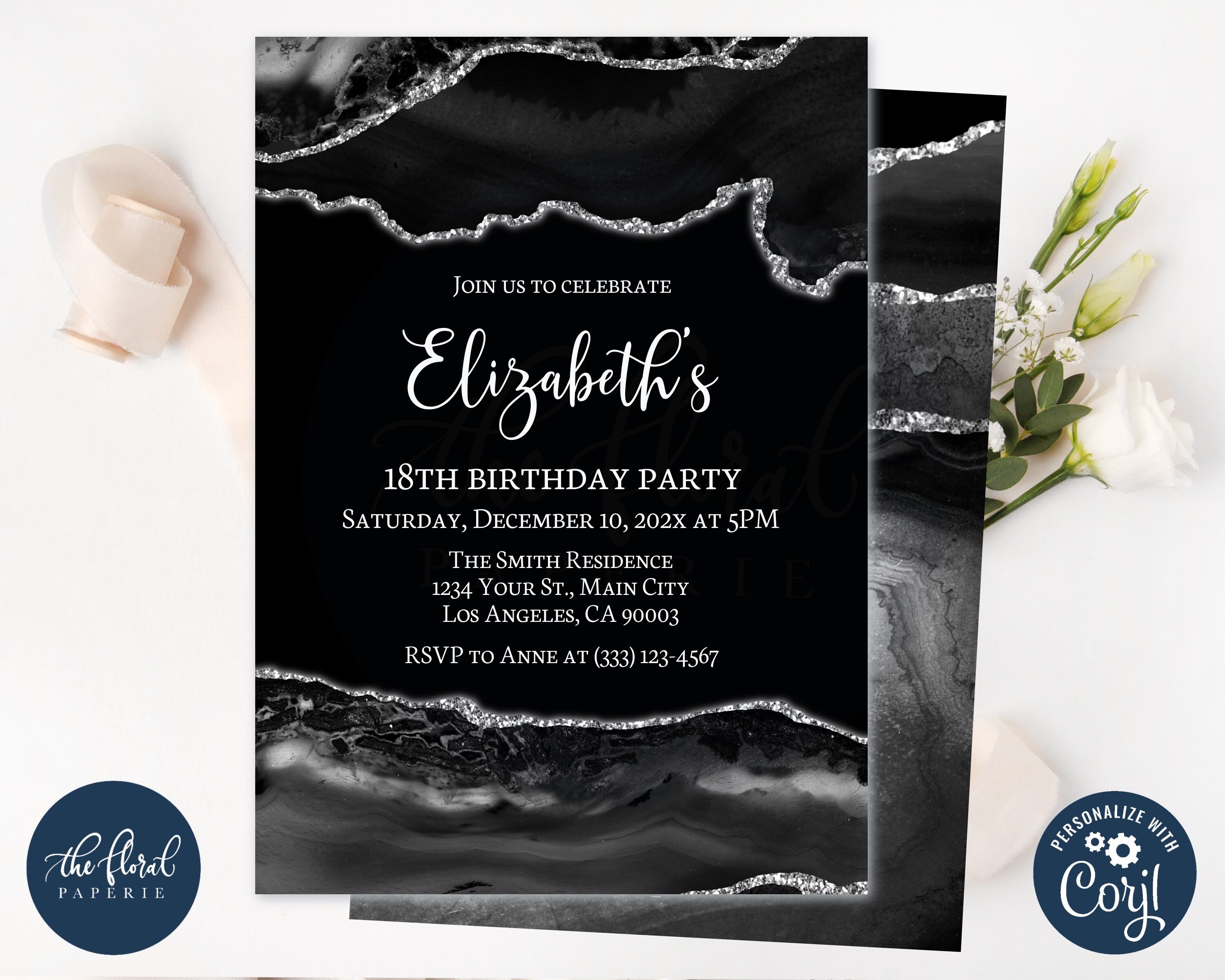 Black and Silver Birthday Invitation Template, Editable (digital Download)  - Etsy, image size:3000x2400