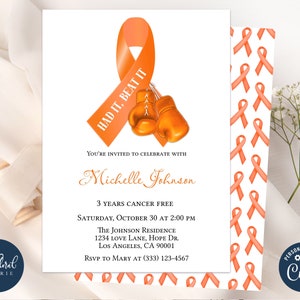 leukemia survivor invitation template, editable orange ribbon invitation, cancer fighter invitation, kidney cancer free invite, fight cancer