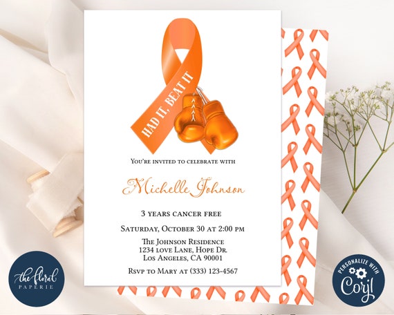leukemia survivor invitation template, editable orange ribbon invitation, cancer fighter invitation, kidney cancer free invite, fight cancer