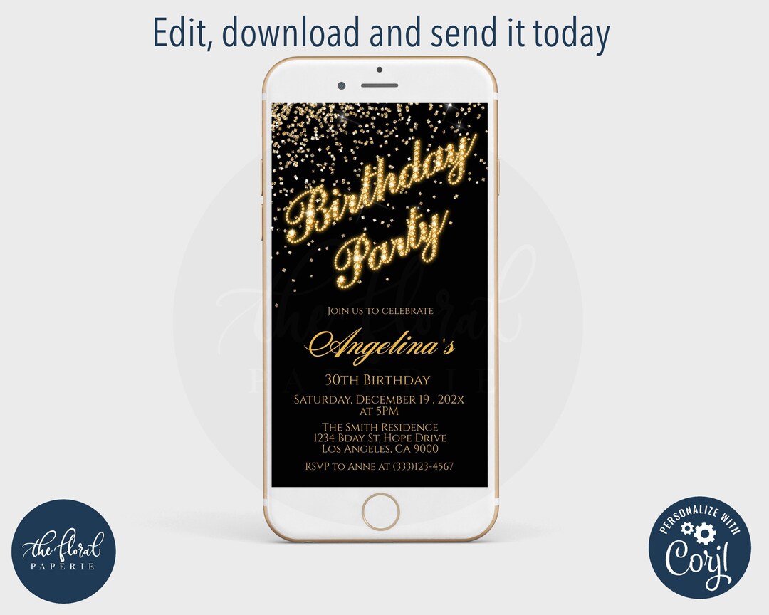 Birthday Party Text Invitation Template, Editable Black and Gold Text