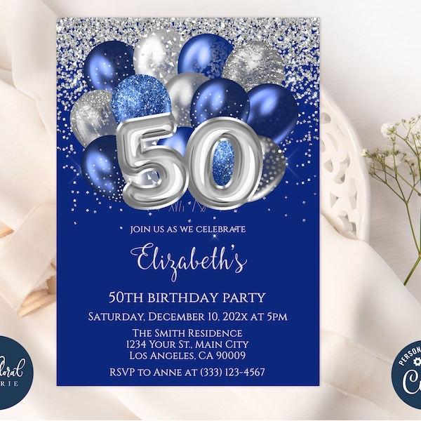 50th birthday invitation template, blue and silver birthday, editable balloons birthday party invites, adult party invite, 50 birthday