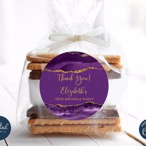 purple and gold birthday favor tags template, editable birthday gift tags, printable birthday labels, thank you tags, personalized tag TFP04