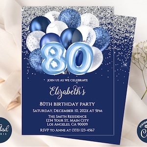 80th birthday invitation template, editable blue and white birthday invite, balloons birthday party invites, adult party invite, 80 birthday