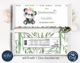 May include: A printable chocolate bar wrapper featuring a cute panda bear wearing a crown and flowers. The wrapper has a green and white bamboo leaf design and the text "It's a pandamonium Charlotte's 1st Birthday Party".