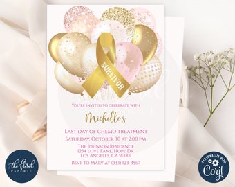 last day of chemo party invitation template, editable gold ribbon invitation, childhood cancer, cancer free invitation, cancer warrior