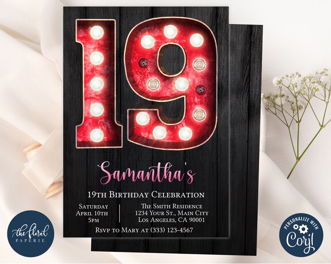 19th Birthday Invitation Template, Red and Black Birthday Invites ...