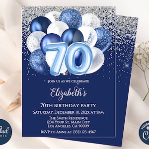 70th Birthday Invitation Template Editable Blue and White Birthday 70th Birthday Invitation Template Editable Blue and White Birthday