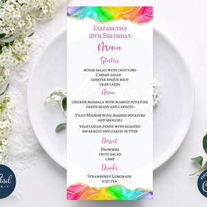 szablon karty menu tęczowego, edytowalna karta menu wydarzenia, karta menu do wydrukowania, karta menu kolacji, karta menu agatu tęczowego, menu urodzinowe TFP36