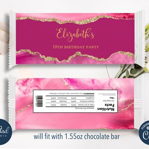 Könnte beinhalten: Rosa-goldene Schokoladenriegel-Verpackung mit glitzerndem Design. Die Verpackung trägt den Schriftzug "Elizabeth's 18th Birthday Party". Sie passt zu einem 1,55 oz Schokoladenriegel.