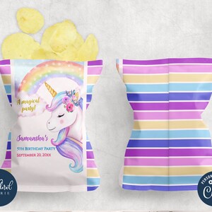 unicorn chip bag template, editable unicorn  potato chip bag wrapper, printable potato chips party favor labels, custom chip bag template