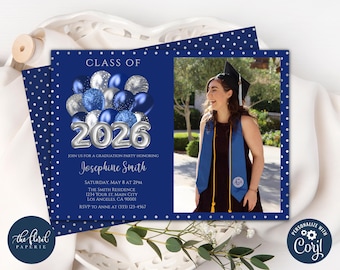 Navy Blue And Silver Graduation Party Invitation, Photo Invite, Class of 2026 (Digital Template)