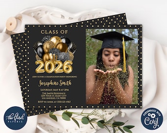 Black and Gold Graduation Party Invitation Template, Class of 2026 (Editable)