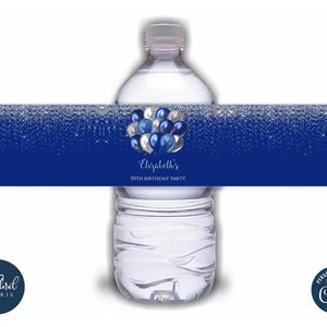 May include: Water bottle label with a blue and silver glitter background. The label features a cluster of blue and silver balloons with the text "Elizabeth's 50th Birthday Party".