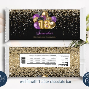 black purple and gold chocolate wrapper template, editable candy bar wrapper, printable chocolate bar wrapper, birthday favor labels tfp45