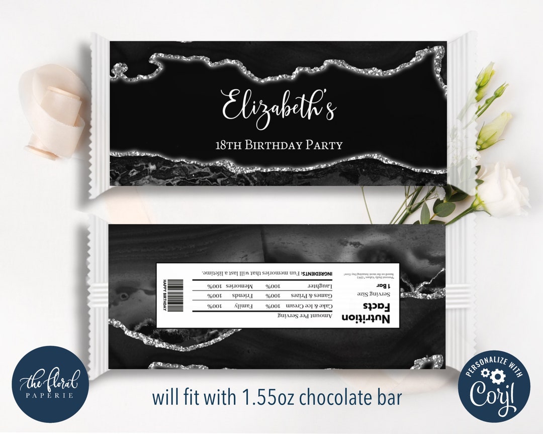 Black and Silver Chocolate Wrapper Template, Editable Candy Bar Wrapper ...