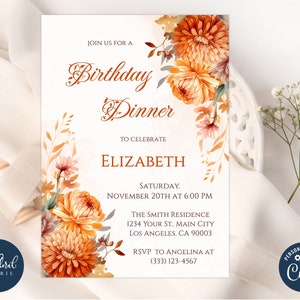 fall birthday invitation template, editable birthday dinner invites, fall brunch invitation, fall invitation, birthday party invitation