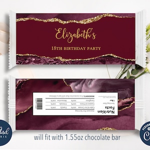 burgundy and gold chocolate wrapper template, editable candy bar wrapper, printable chocolate bar wrapper, chocolate birthday favors TFP29