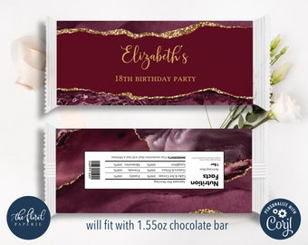 burgundy and gold chocolate wrapper template, editable candy bar wrapper, printable chocolate bar wrapper, chocolate birthday favors TFP29