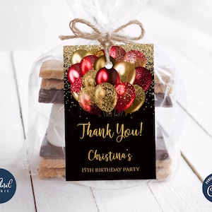 black red and gold birthday favor tags template, editable birthday gift tags, birthday treat tags, thank you tags, personalized tags