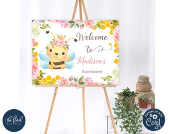 bee birthday Welcome Sign template, printable bee day welcome sign, bumble bee welcome sign poster, girl birthday, bee day party decor,