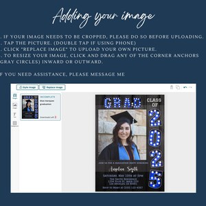 May include: A blue and white graduation party invitation with a photo placeholder. The invitation features a blue marquee sign with the text "GRAD" and "CLASS OF 2025".