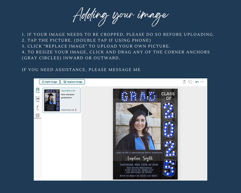 May include: A blue and white graduation party invitation with a photo placeholder. The invitation features a blue marquee sign with the text "GRAD" and "CLASS OF 2025".