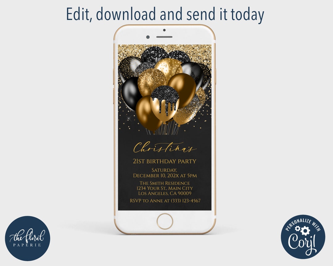 Black and Gold Birthday Invitation Template, Editable Phone Invite ...