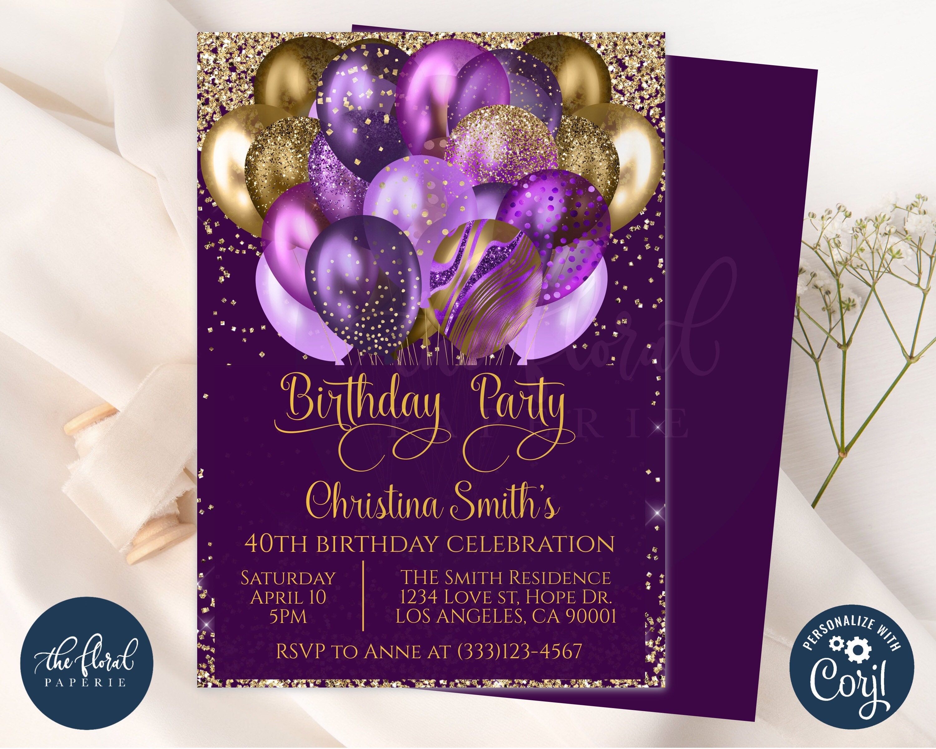 Purple And Gold Birthday Invitation Template Editable Etsy
