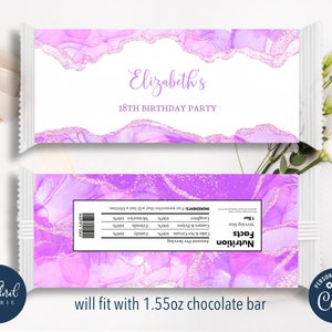purple chocolate wrapper template, editable candy bar wrapper, purple chocolate bar wrapper, chocolate bar birthday favors TFP48