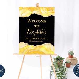 Plantilla de cartel de bienvenida de cumpleaños en amarillo y negro, cartel de bienvenida de cumpleaños imprimible, cumpleaños de adultos, cartel de recepción de fiesta TFP34