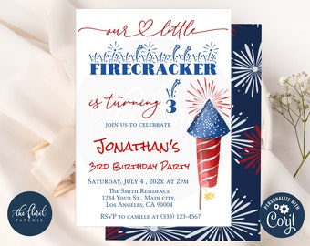 firecracker birthday invitation template, 4th of july birthday invitation, summer birthday, kids birthday invitation, fireworks invitation