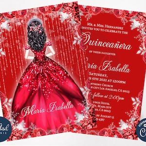 red quinceanera invitation template, editable 15th birthday invitations, fifteen birthday invites, red floral quince invites, mis quince