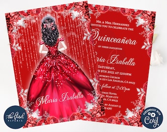 Red Floral Quinceañera Invitation Template, Editable 15th Birthday Invite (Digital Download)