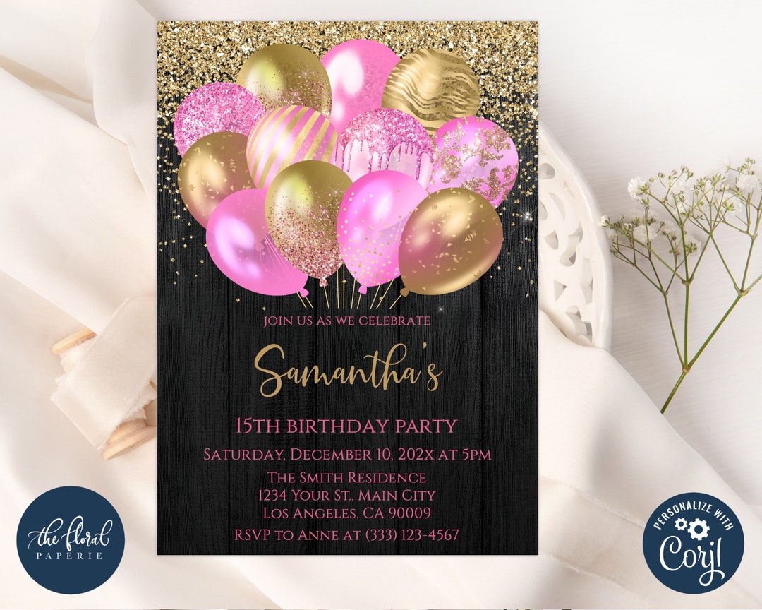 Pink and Gold Birthday Invitation Template, Editable Girl Birthday ...