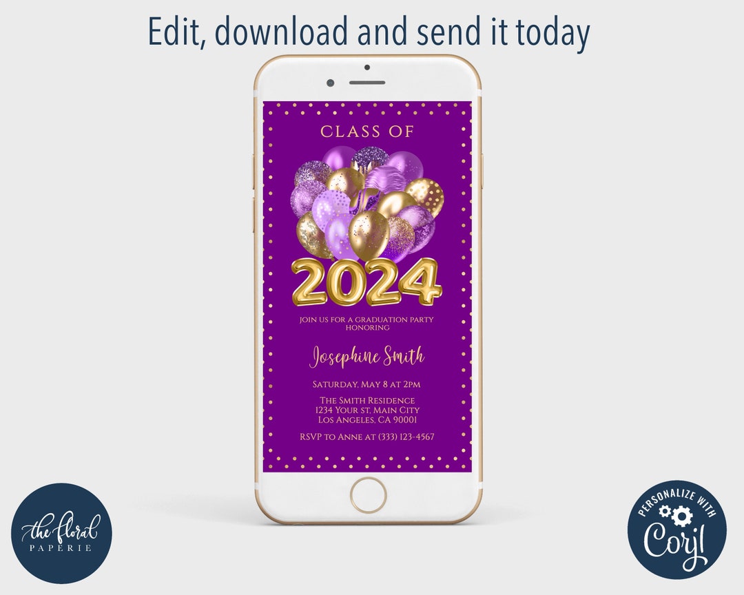 Graduation Party Text Invitation Template, Purple and Gold Graduation