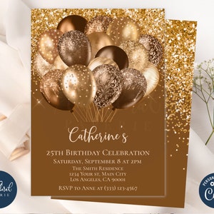 shades of brown birthday invitation template, editable any age birthday invitation, balloons invitation, shades of melanin invitation TFP43