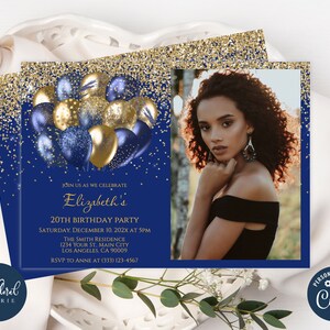 modèle d'invitation d'anniversaire bleu et or, invitations d'anniversaire modifiables avec photo, invitations de fête d'anniversaire de ballons, invitations photo