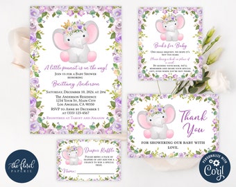 May include: A baby shower stationery set featuring a gray elephant with a floral crown, surrounded by purple and white roses. The cards include text for an invitation, a book request, a diaper raffle, and a thank you note with floral borders.