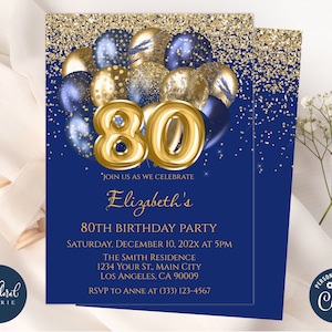 80th birthday invitation template, navy blue and gold birthday, editable balloon birthday party invites, adult party invite, 80 birthday