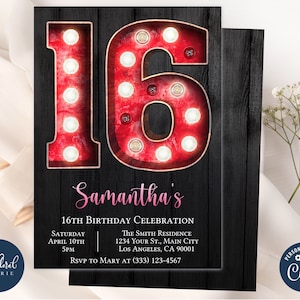 16th birthday invitation template, red and black birthday invites, marquee invitation, girl birthday invitation, sixteen birthday tfp26