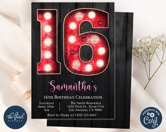 16th birthday invitation template, red and black birthday invites, marquee invitation, girl birthday invitation, sixteen birthday tfp26