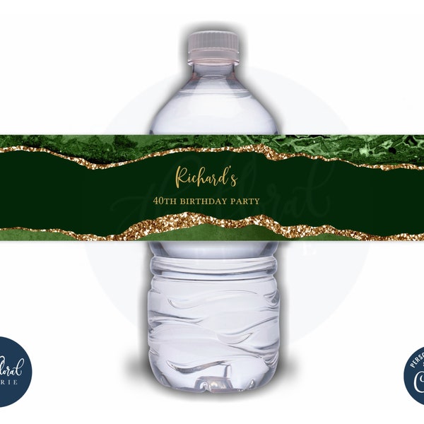 green and gold water bottle label template, editable agate water bottle stickers, birthday favors, bottle labels, water bottle wrapper tfp24