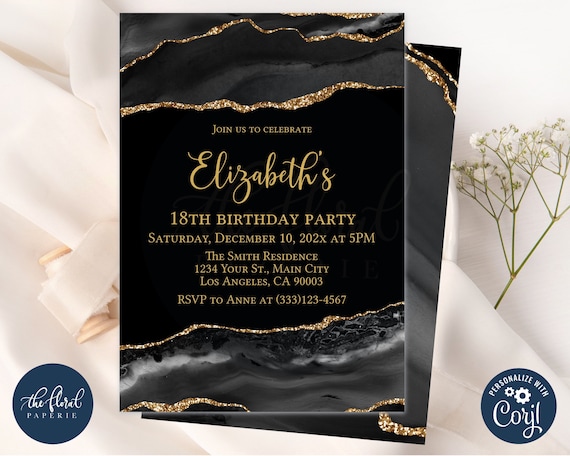 Black and Gold Birthday Invitation Template Editable Any Age - Etsy
