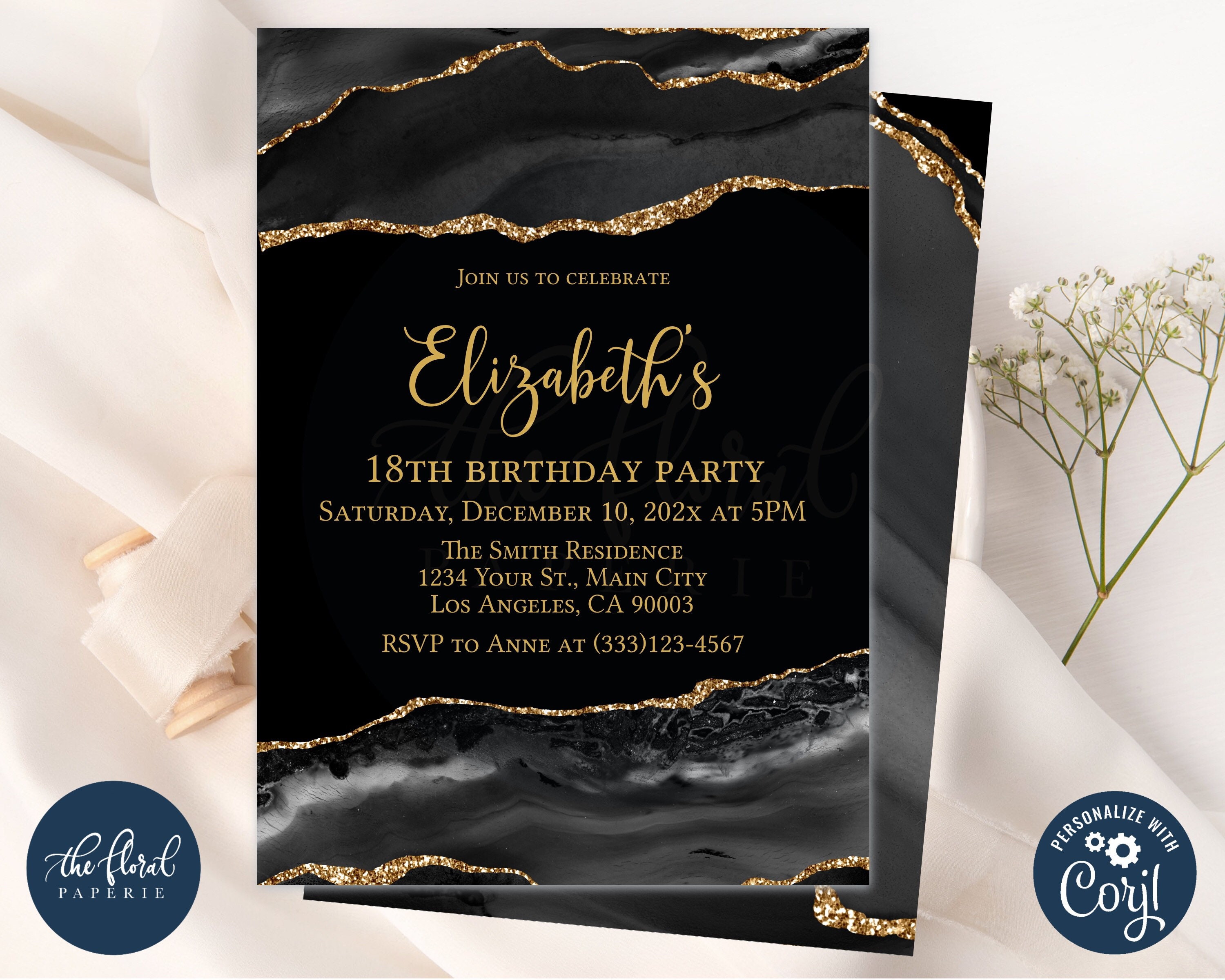 Editable Birthday Invitation Template Black and Gold Birthday 