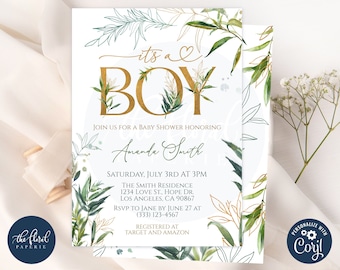 greenery baby shower invitation template , editable its a boy invites, green and gold leaves invite