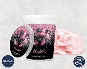 modello di etichetta per vaschetta di zucchero filato nero e rosa, involucro modificabile per vaschetta di zucchero filato, etichette stampabili per bomboniere, etichette per bomboniere di compleanno