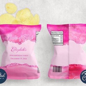 shades of pink chip bag template, editable potato chip bag wrapper, printable potato chips party favor label, custom chip bag template tfp39
